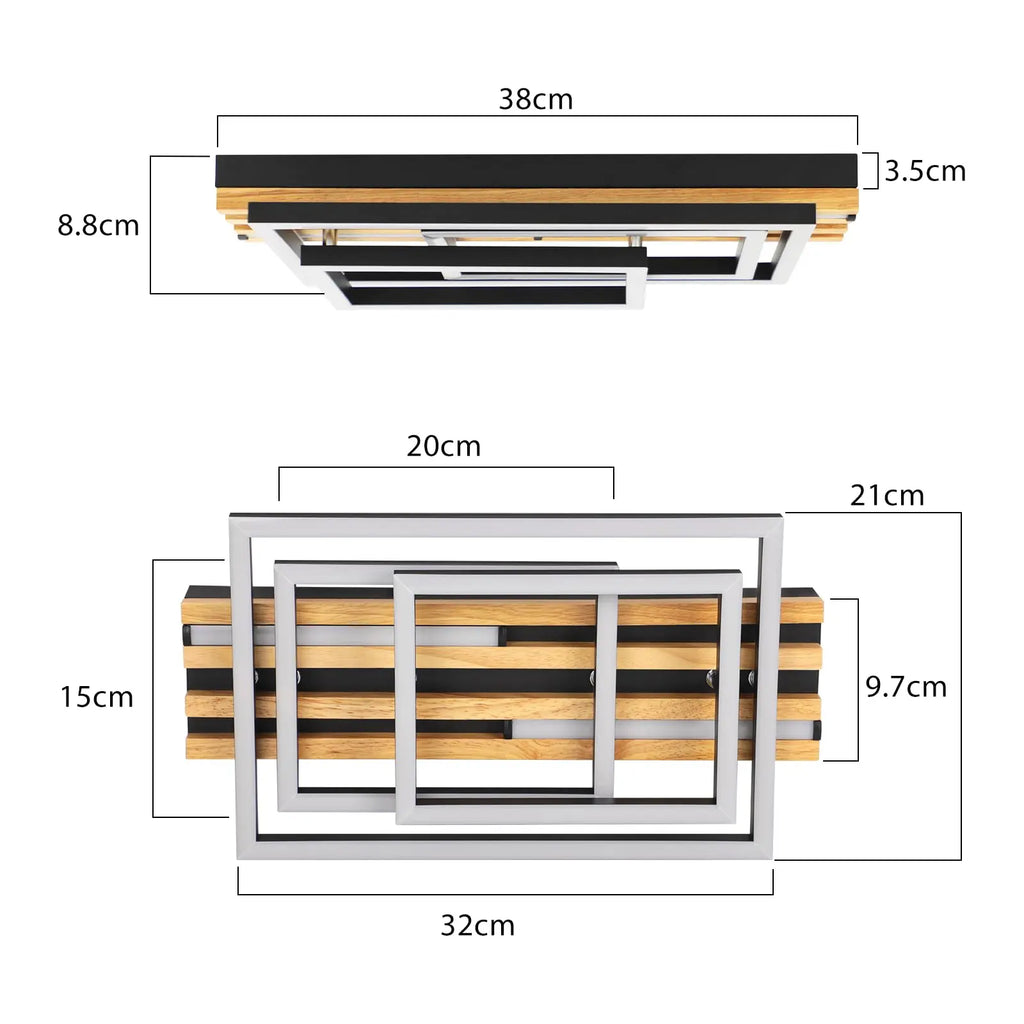 Dimensions plafonnier Cadra 3 rectangles : 38 × 21 cm, épaisseur 8,8 cm