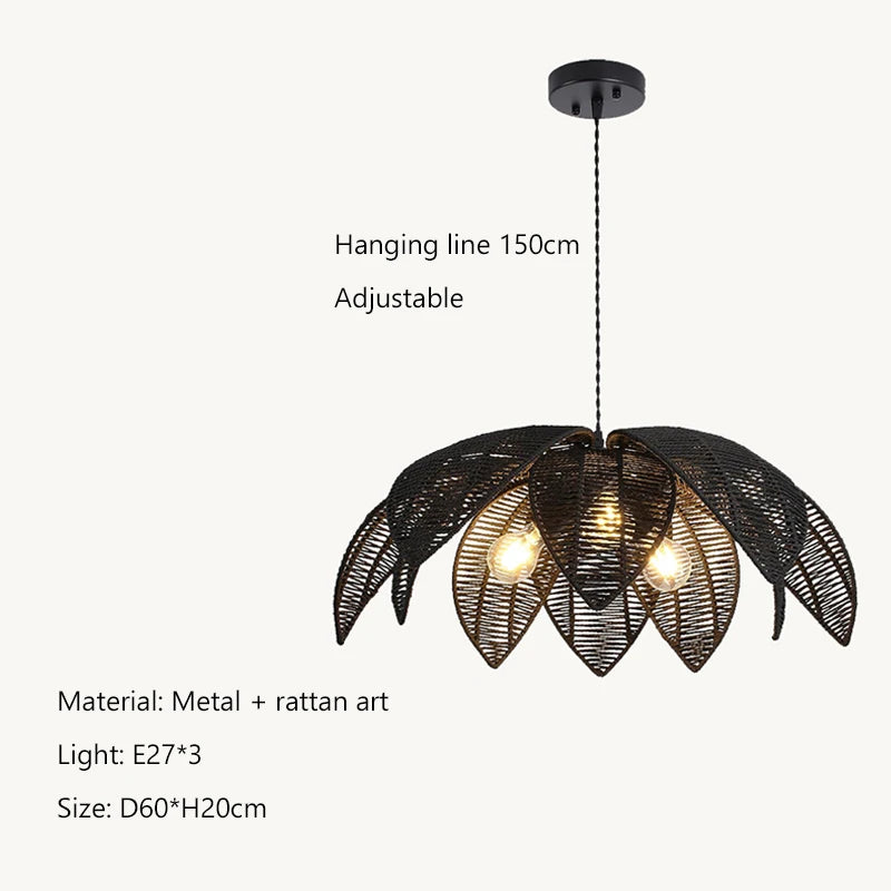 Dimensions suspension rotin Bora noire : Ø 60 cm, hauteur 20 cm, câble 150 cm